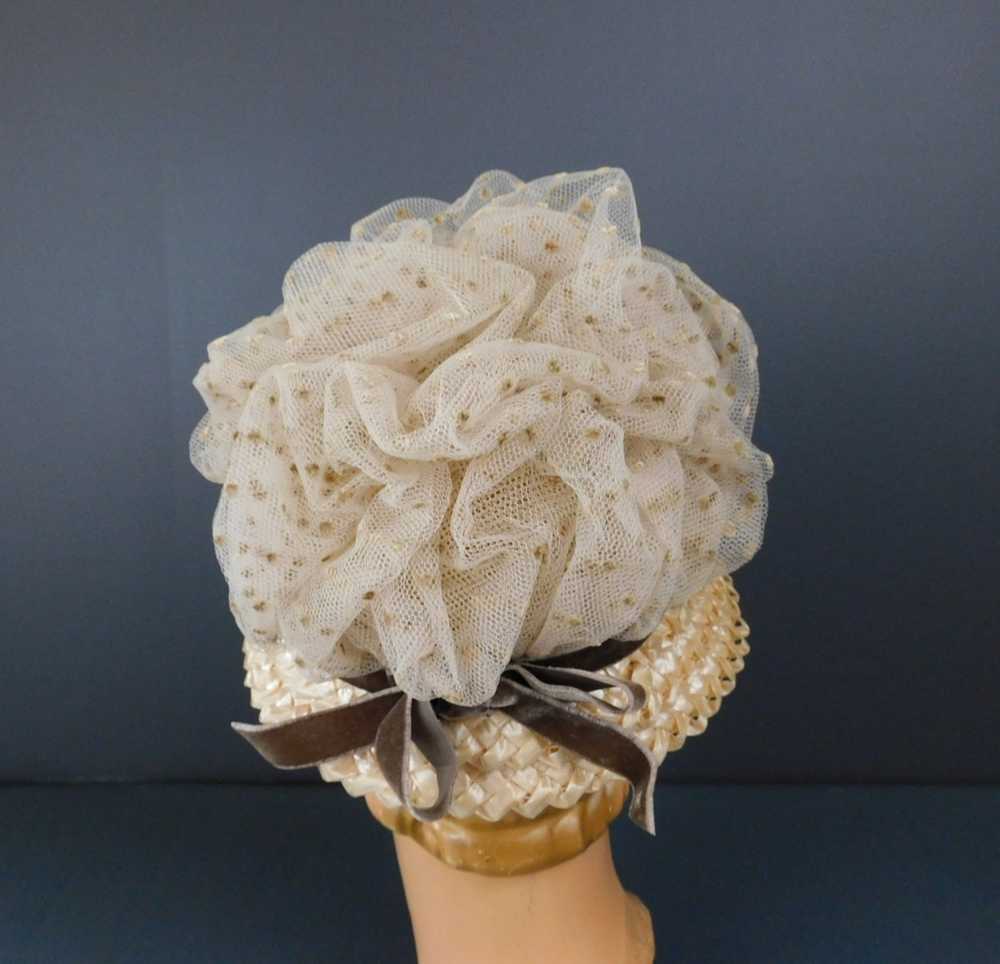 Vintage Dotted Tulle Straw Hat 1960s, 21 inch hea… - image 7