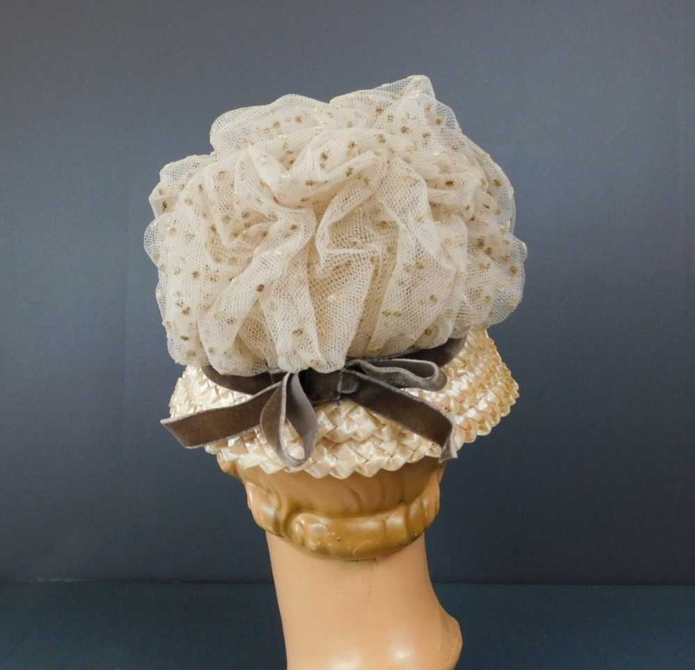 Vintage Dotted Tulle Straw Hat 1960s, 21 inch hea… - image 8