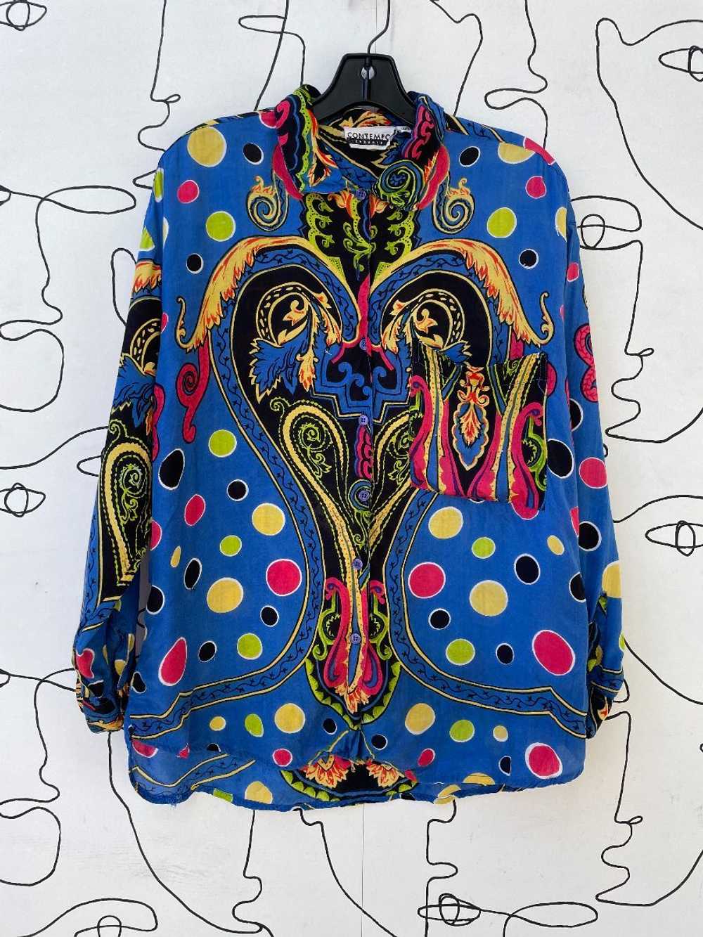 AS-IS 1990S VIBRANT PAISLEY POLKA DOT L/S BUTTON … - image 1