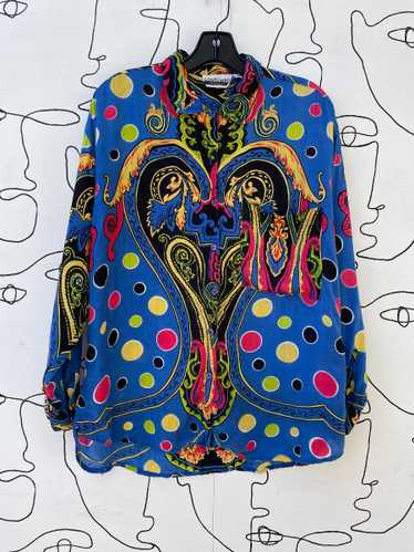 AS-IS 1990S VIBRANT PAISLEY POLKA DOT L/S BUTTON … - image 1