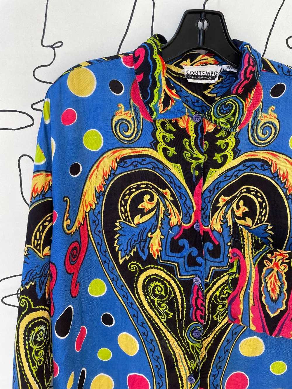 AS-IS 1990S VIBRANT PAISLEY POLKA DOT L/S BUTTON … - image 2