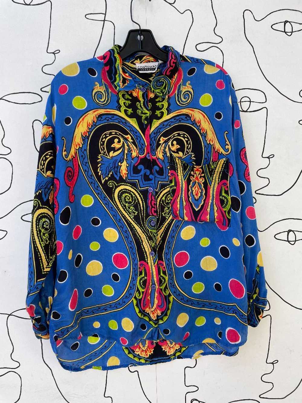 AS-IS 1990S VIBRANT PAISLEY POLKA DOT L/S BUTTON … - image 6