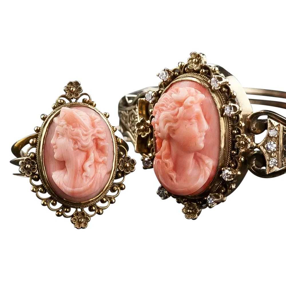 Victorian Coral Cameo Bracelet and Ring - image 11