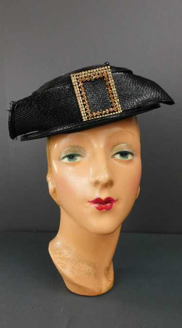 Vintage Black Straw Tilt Hat with Rhinestone Buckl