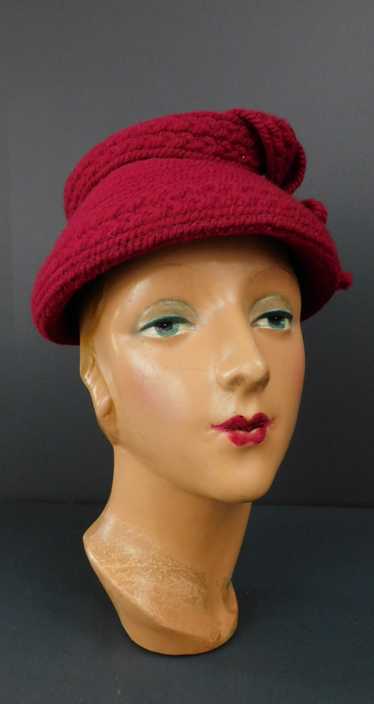 Vintage Dark Pink Wool Yarn Hat, 1950s 22 inch hea