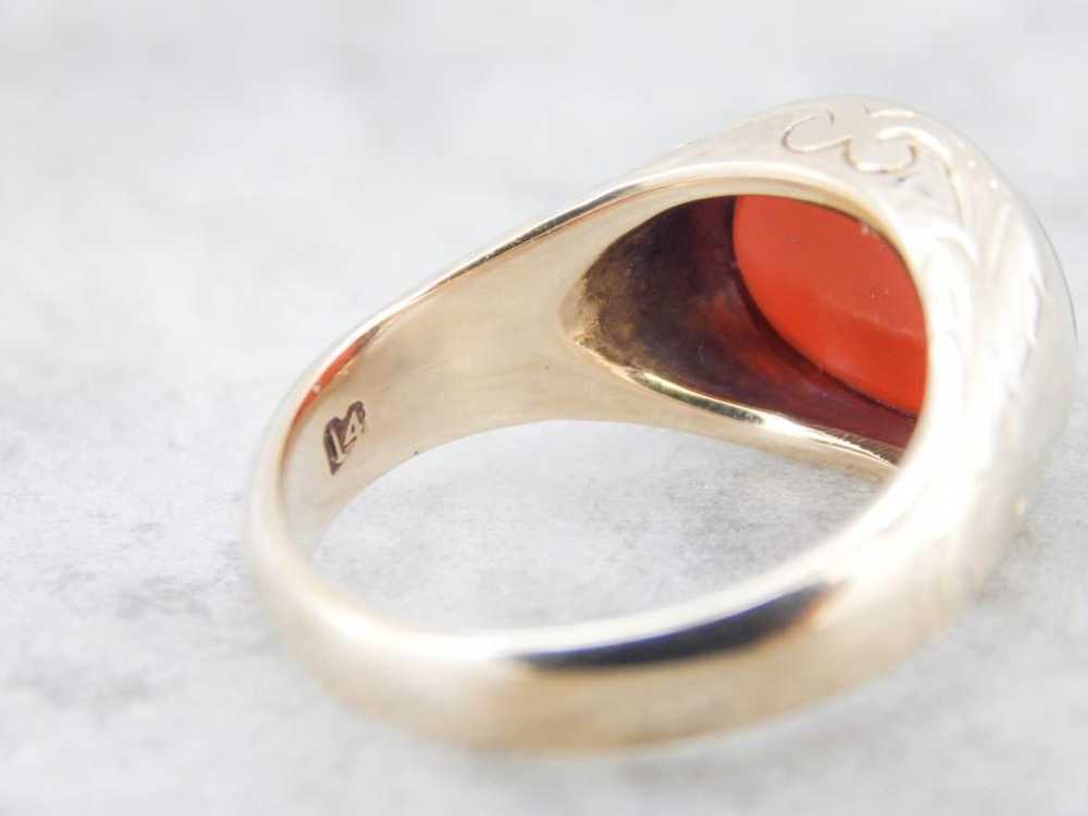 Curved Cut Carnelian Etched Yellow Gold Ring - image 3