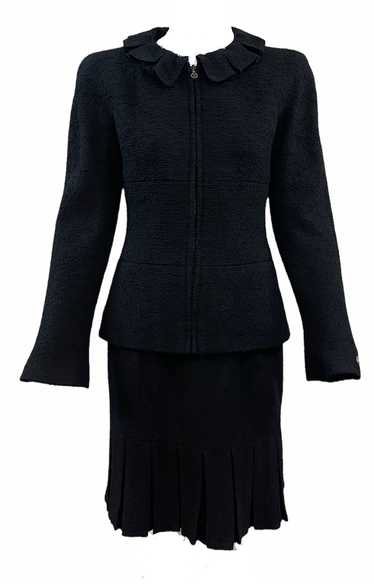 CHANEL Late 90s Black Boucle Zip-Front Suit w/Ruff