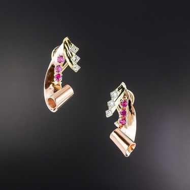 Retro Two-Tone Diamond and Synthetic Ruby Earrings