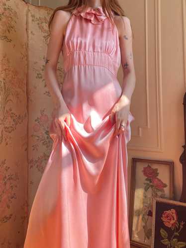 1970s Pink Satin and Lace Halter Maxi Dress