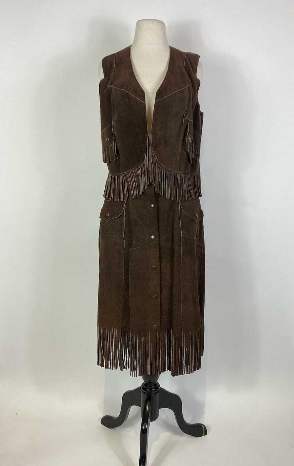 1970s Suede Leather Fringe Vest and Skirt Set - image 1