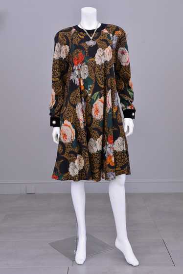 1980s Painterly Rose Print Trapeze Dress by Donna 