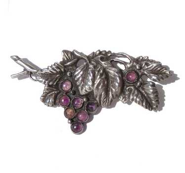 Vintage 40s Sterling & Amethyst Grape Brooch - Me… - image 1