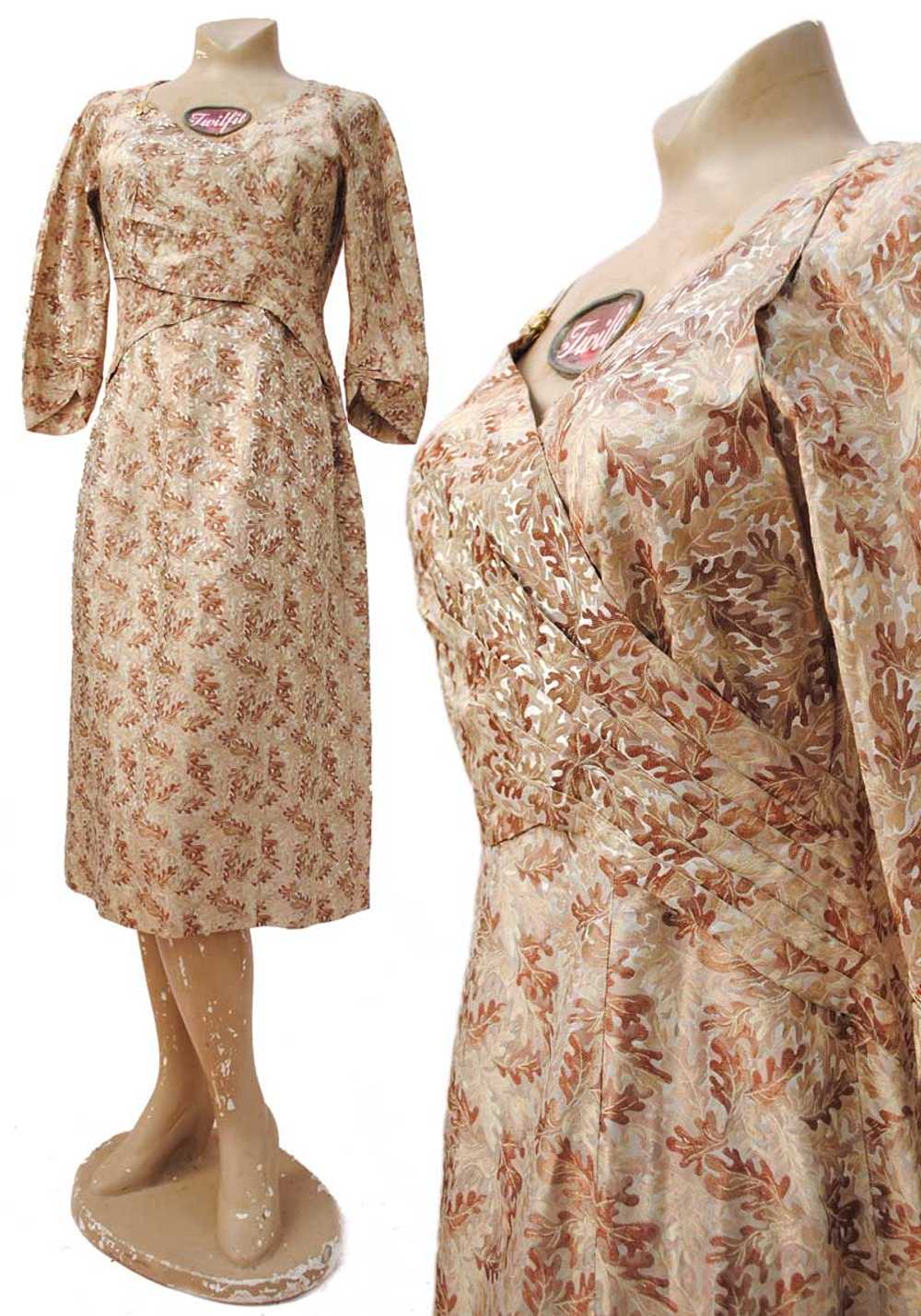 1940s Vintage Beige Silk Brocade Cocktail Dress w… - image 1