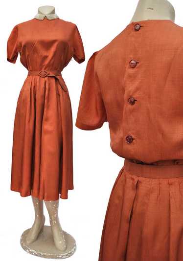 1940s Vintage Copper Silk Shirtwaister Dress • Su… - image 1