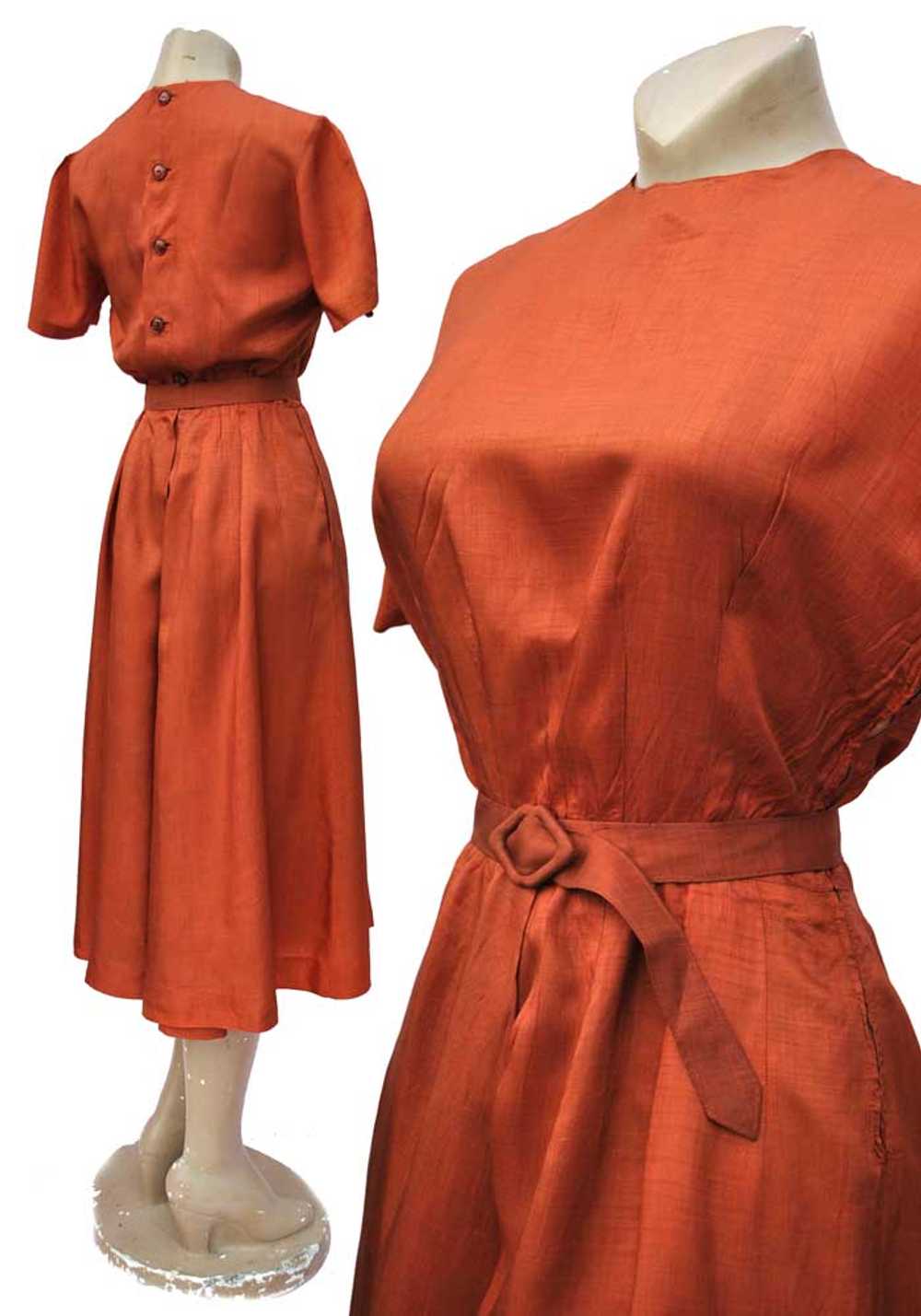 1940s Vintage Copper Silk Shirtwaister Dress • Su… - image 2