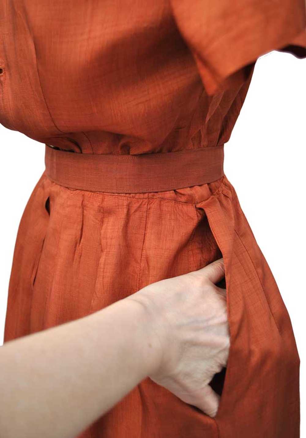 1940s Vintage Copper Silk Shirtwaister Dress • Su… - image 3