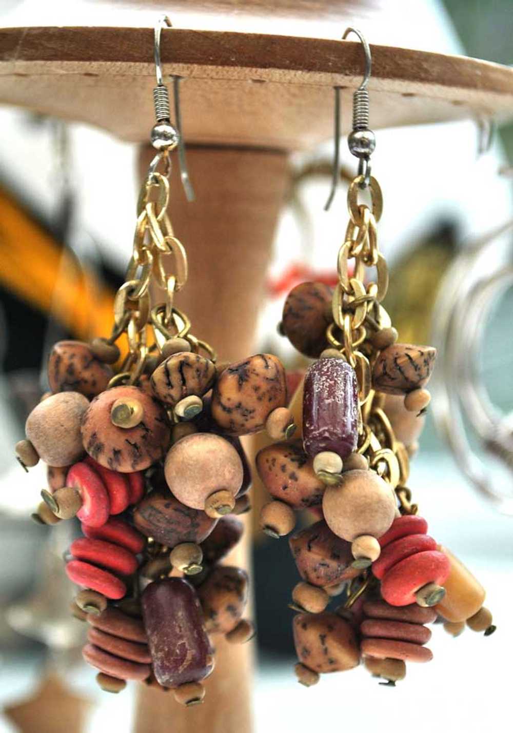 Vintage Wood Bead Seeds Cluster Dangle Earrings •… - image 1