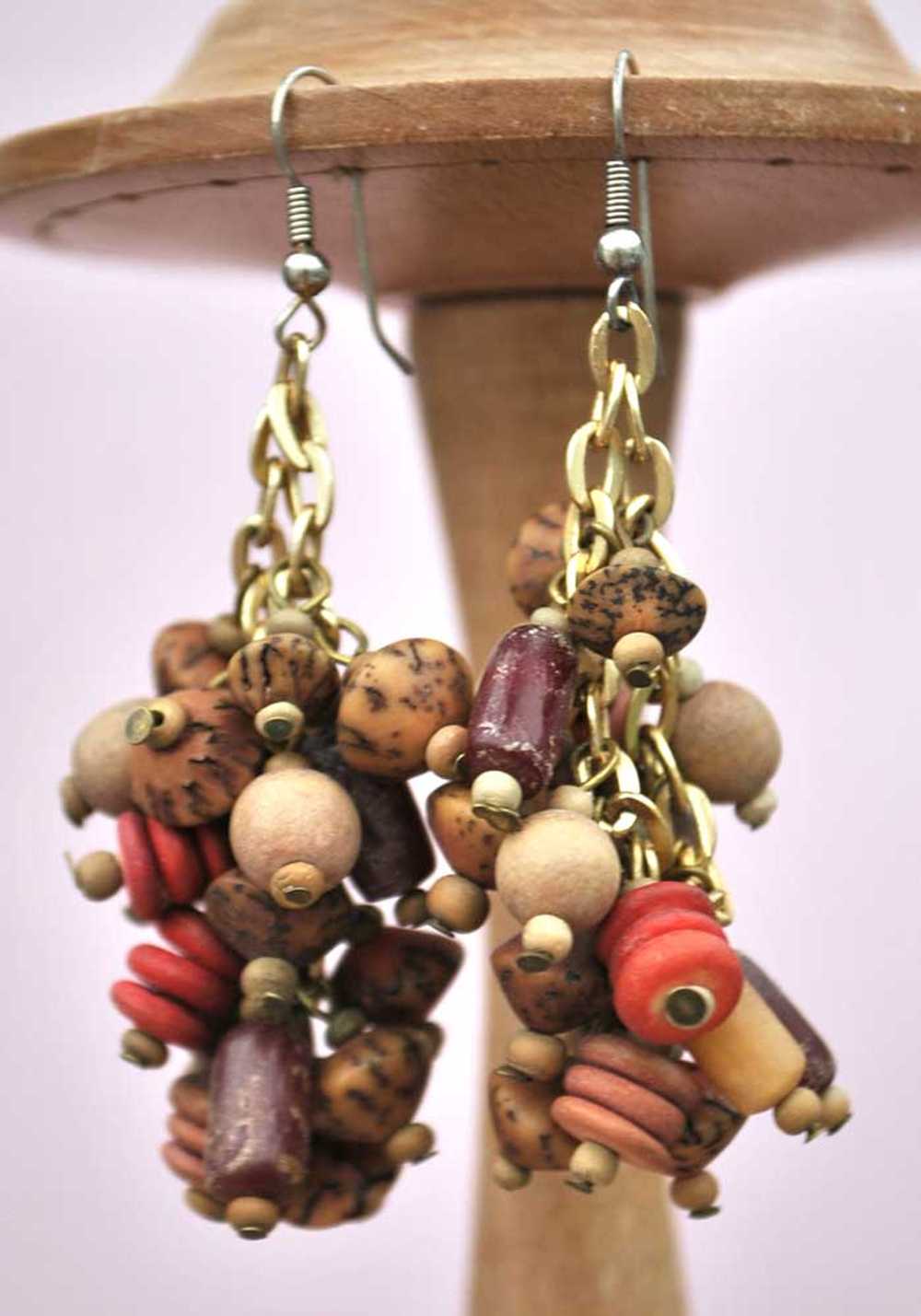 Vintage Wood Bead Seeds Cluster Dangle Earrings •… - image 2