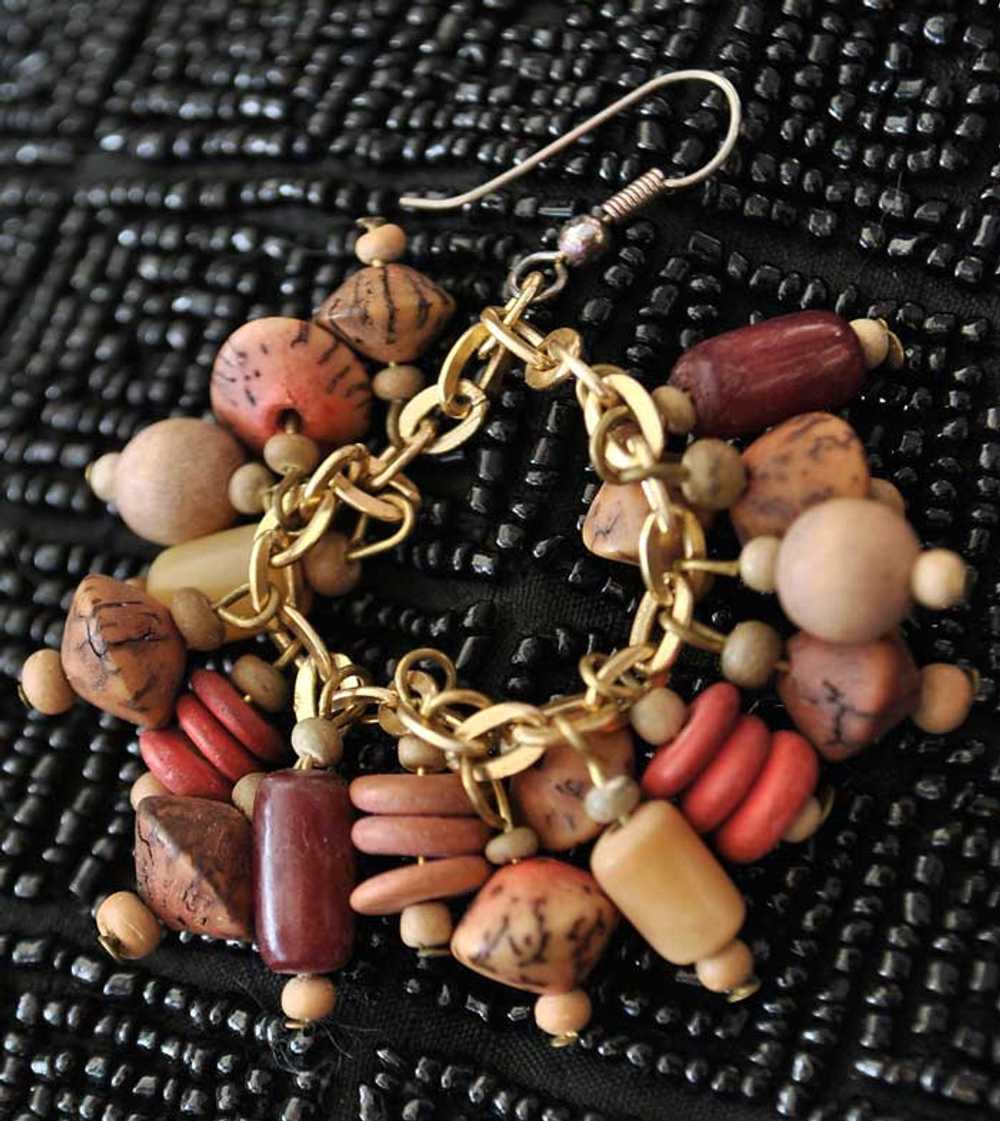 Vintage Wood Bead Seeds Cluster Dangle Earrings •… - image 3