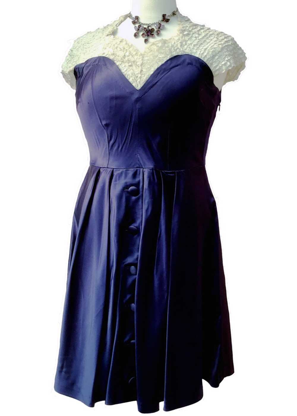 1950s Vintage Blue Satin Cocktail Fit and Flare D… - image 1