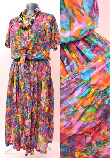 Vintage 80s Indian Cotton Multicoloured Skirt & T… - image 1