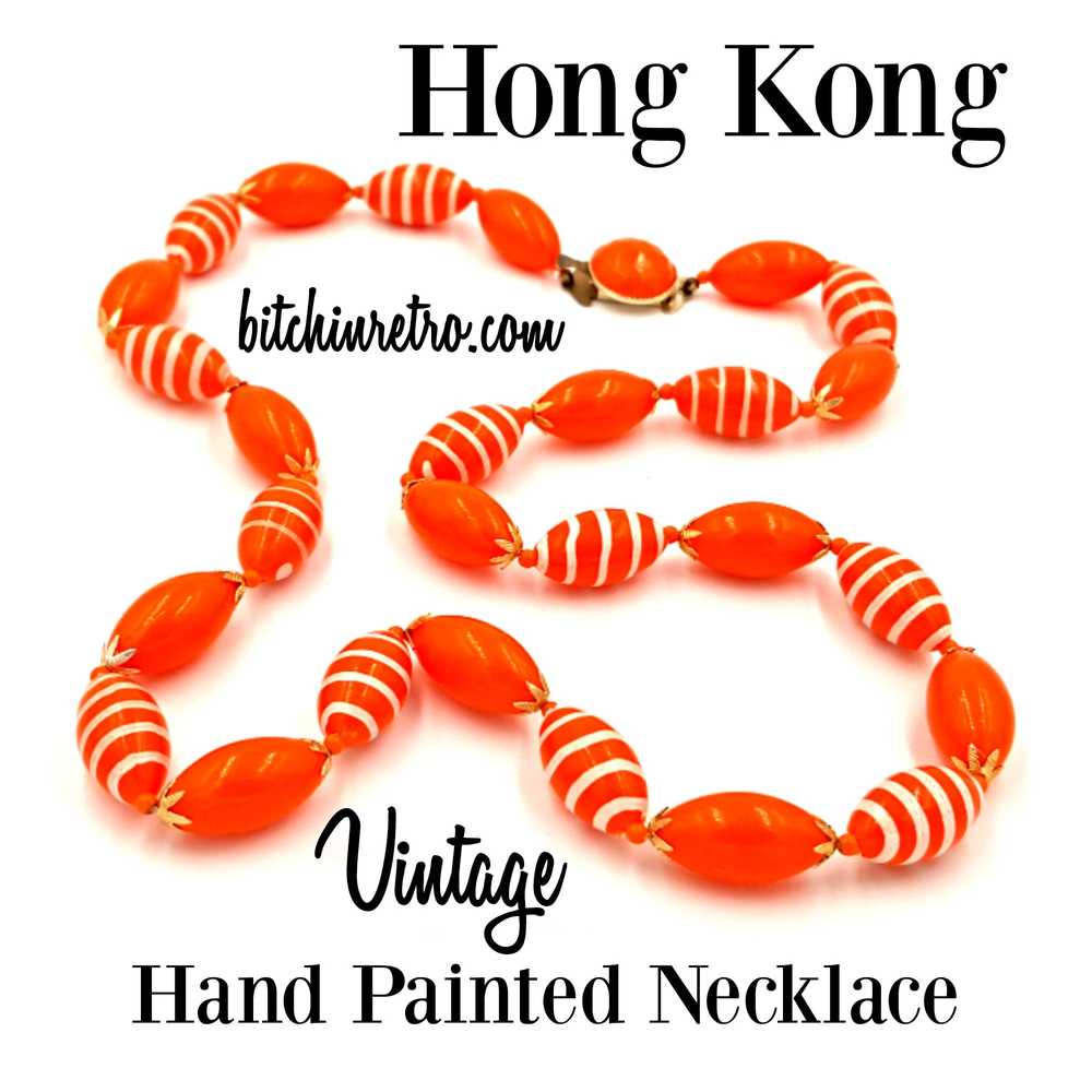 Hong Kong Vintage Beaded Necklace, Orange and Whi… - image 1