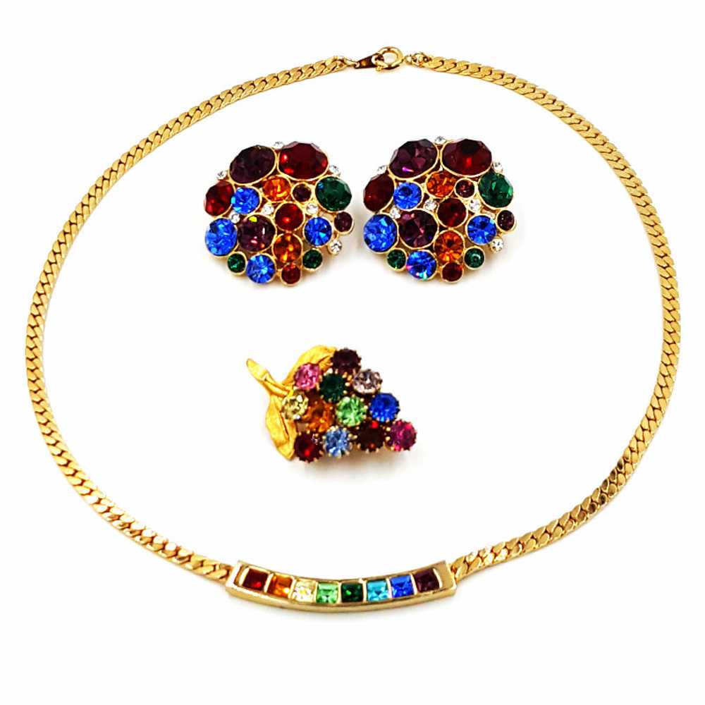 Vintage Rhinestone Rainbow Jewelry Lot Necklace E… - image 10