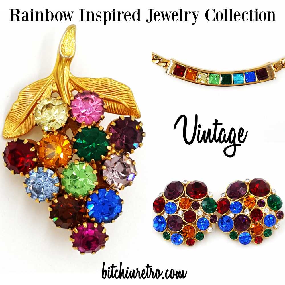 Vintage Rhinestone Rainbow Jewelry Lot Necklace E… - image 1