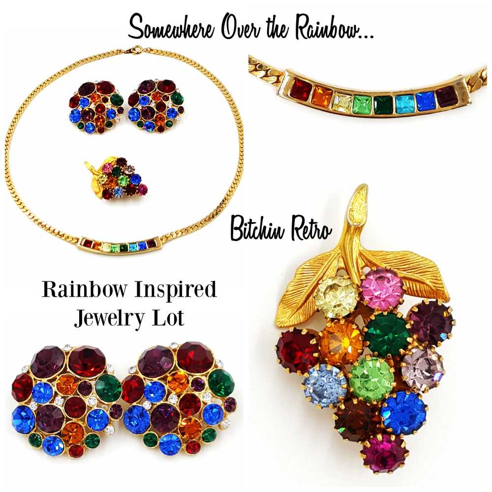 Vintage Rhinestone Rainbow Jewelry Lot Necklace E… - image 2