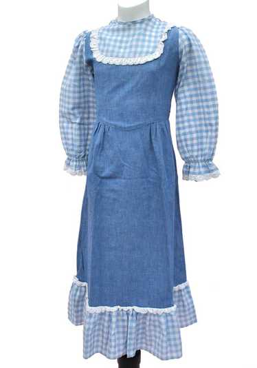 Vintage 70s Girl's Blue Denim Gingham Maxi Dress … - image 1
