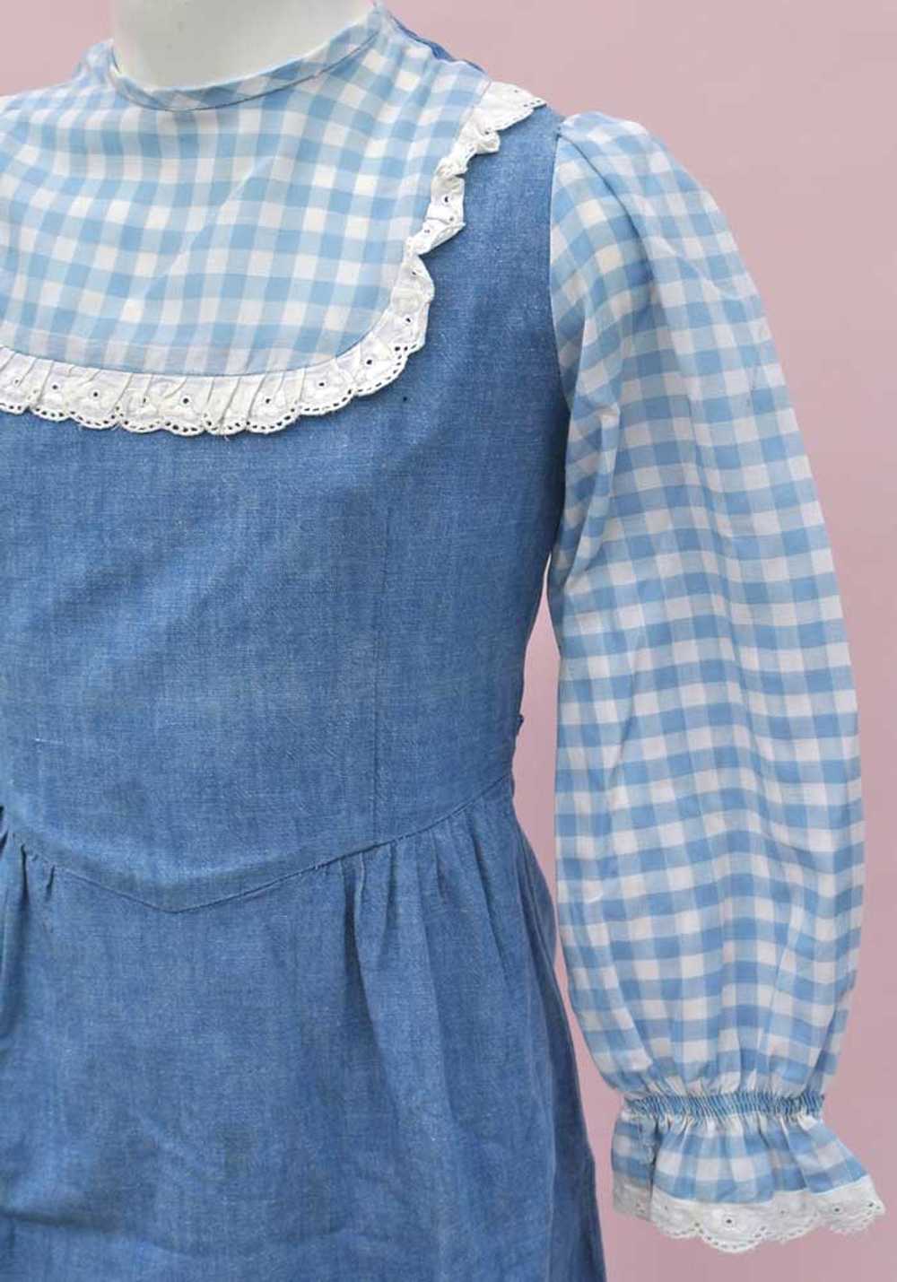 Vintage 70s Girl's Blue Denim Gingham Maxi Dress … - image 2