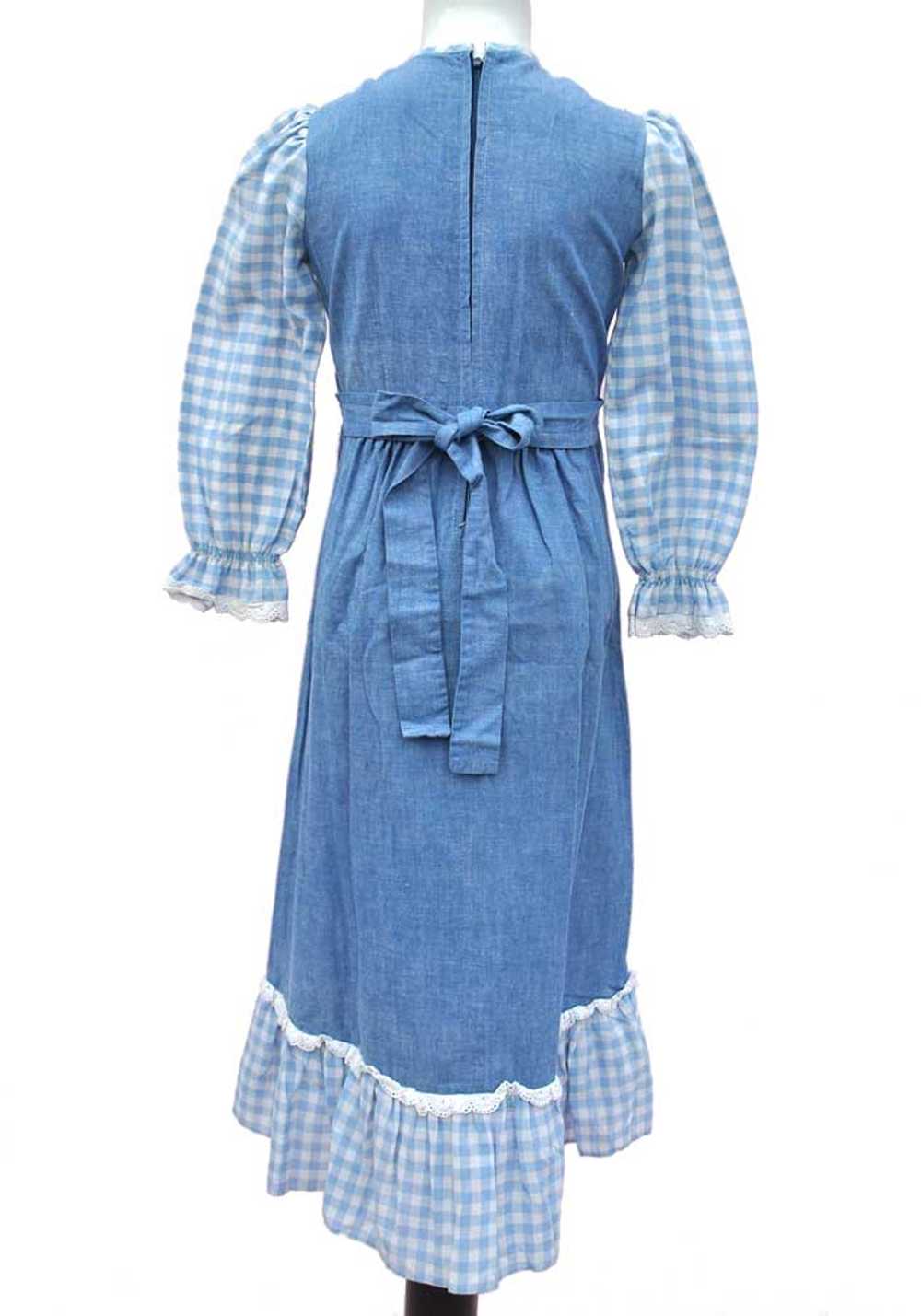 Vintage 70s Girl's Blue Denim Gingham Maxi Dress … - image 3