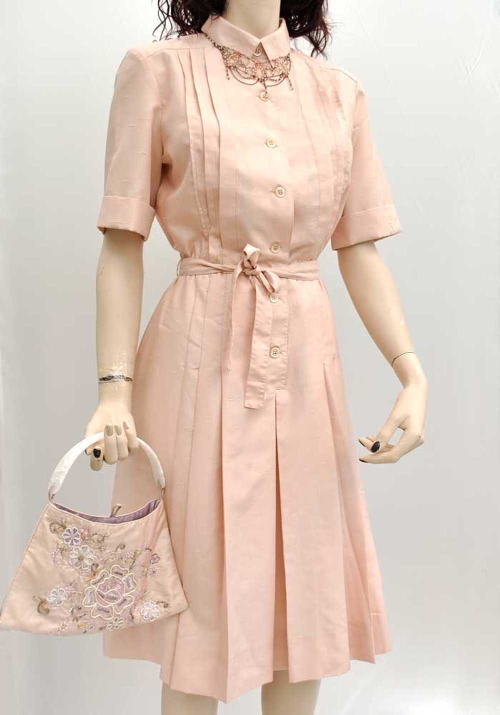 Vintage 70s Shell Pink Silk Shirt Waister Dress •… - image 1