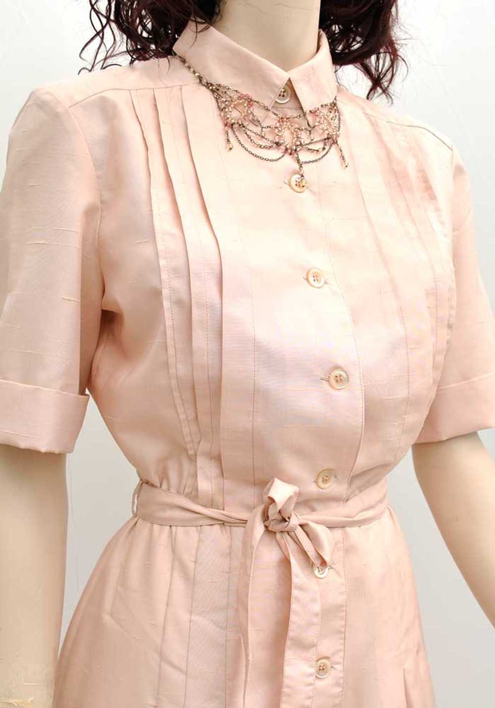Vintage 70s Shell Pink Silk Shirt Waister Dress •… - image 2