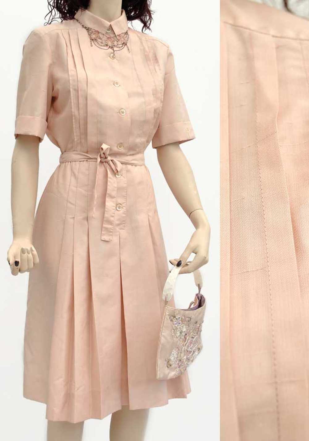 Vintage 70s Shell Pink Silk Shirt Waister Dress •… - image 5