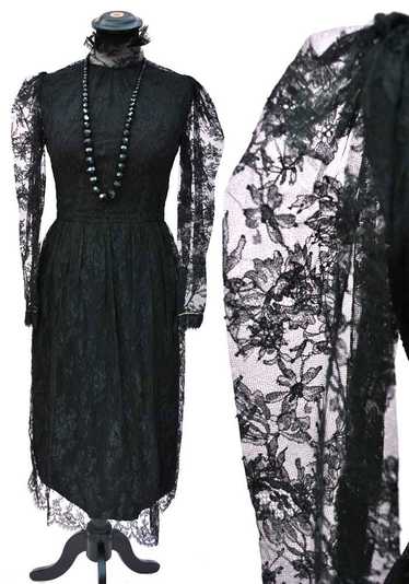 Vintage 60s Black Chantilly Lace Cocktail Dress 2… - image 1