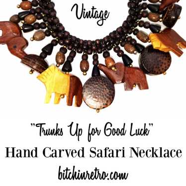 Vintage Hand Carved Wooden Animal Necklace Safari… - image 1