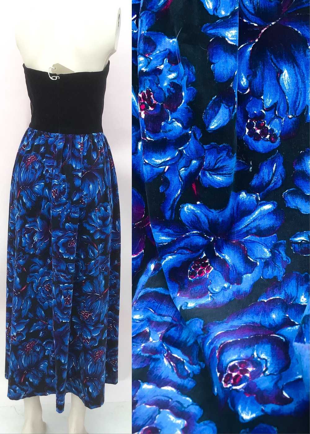 1970s Vintage Black & Blue Floral Velvet Straples… - image 2