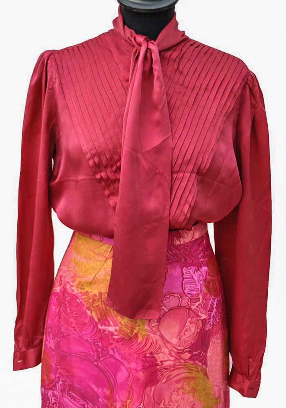 1980s Vintage Cherry Red Silk Pussy Bow Blouse, P… - image 1