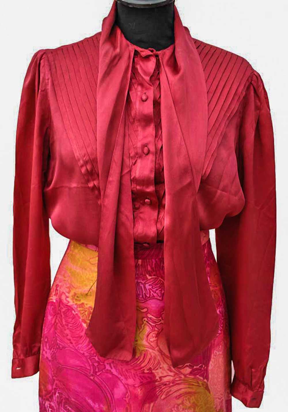 1980s Vintage Cherry Red Silk Pussy Bow Blouse, P… - image 2