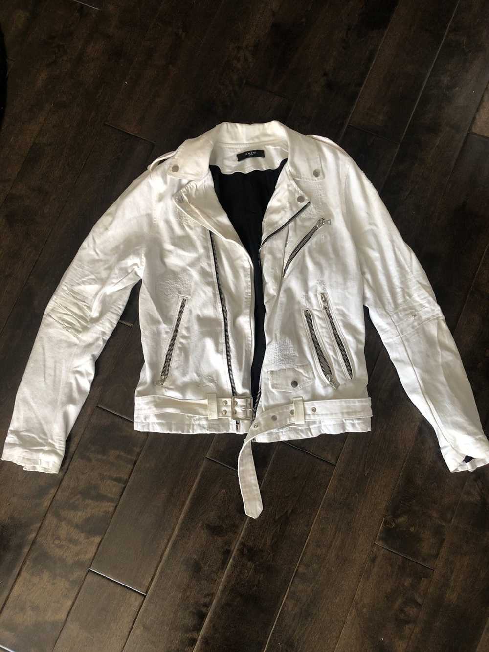 Amiri Distressed White Denim Biker Jacket - Gem