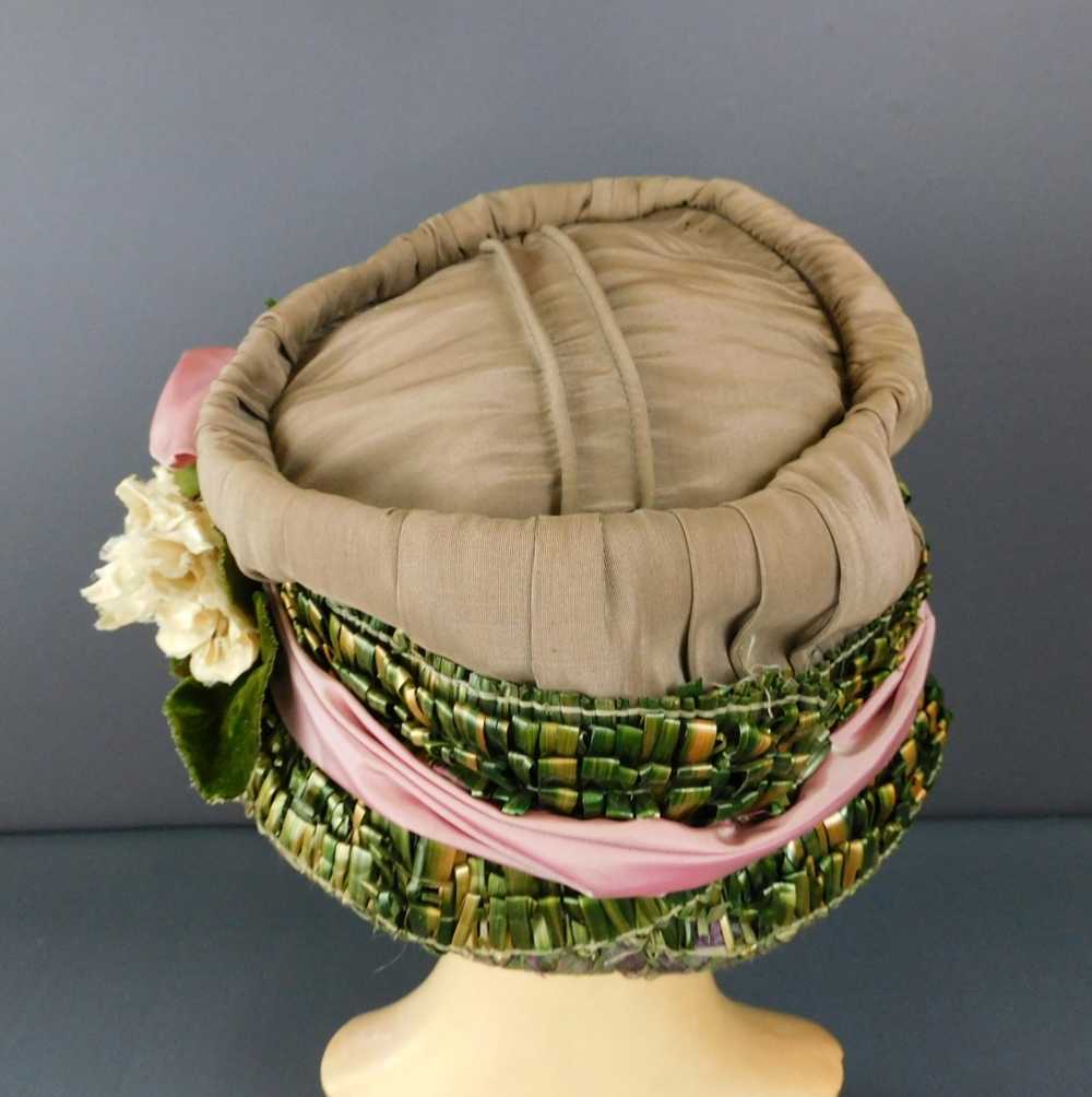 Vintage 1920s Silk Floral Hat with Straw Trim, Gr… - image 10