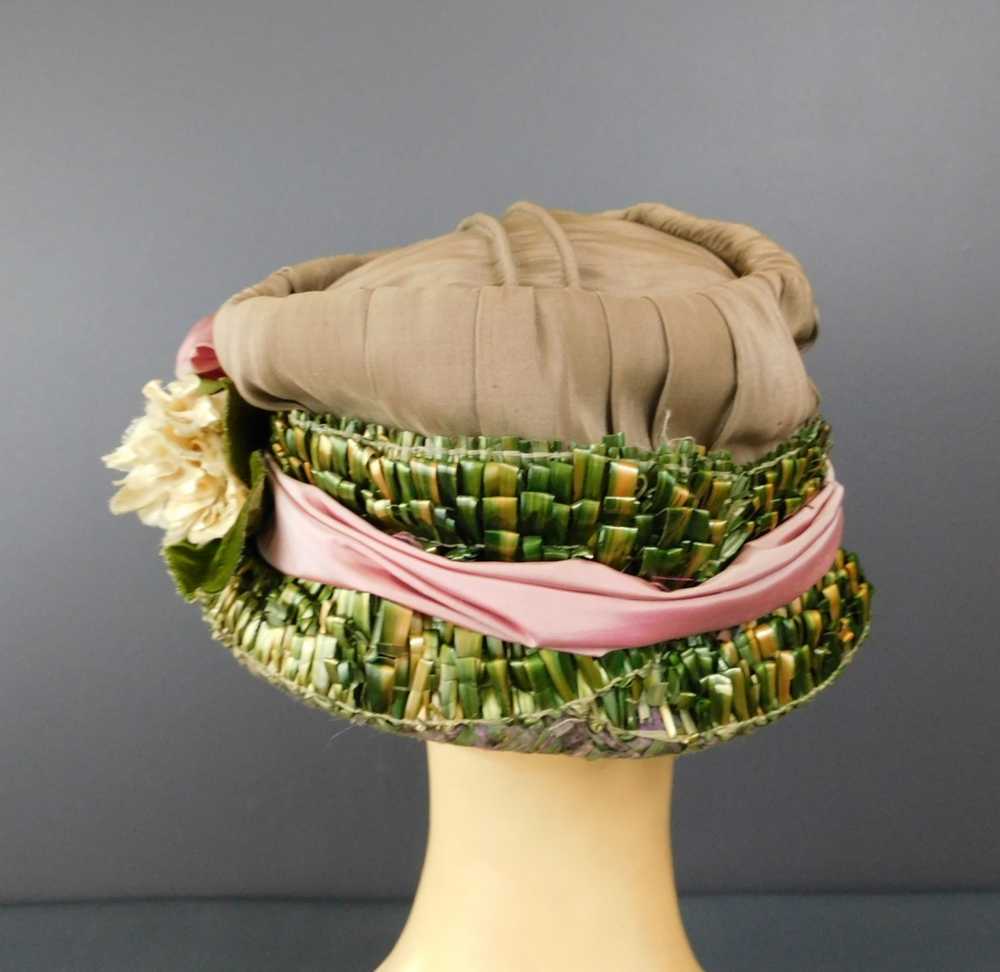 Vintage 1920s Silk Floral Hat with Straw Trim, Gr… - image 7