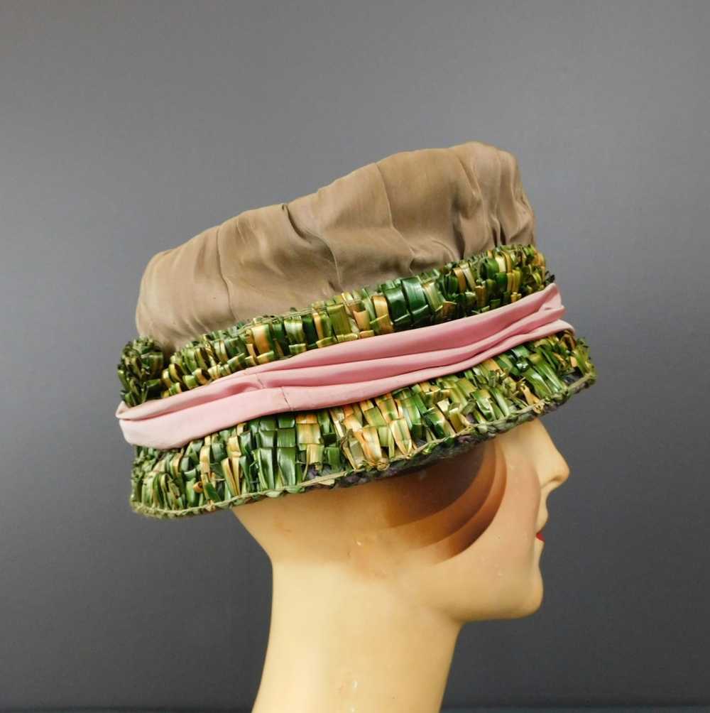 Vintage 1920s Silk Floral Hat with Straw Trim, Gr… - image 8
