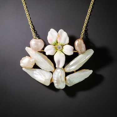 Vintage Enameled Flower and Freshwater Pearl Pend… - image 1