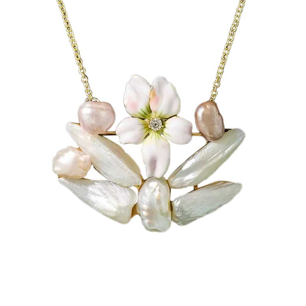 Vintage Enameled Flower and Freshwater Pearl Pend… - image 3
