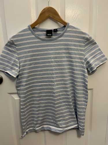 Short-sleeved crew-neck T-shirt in cotton knit with dégradé stripes White &  Sky Blue