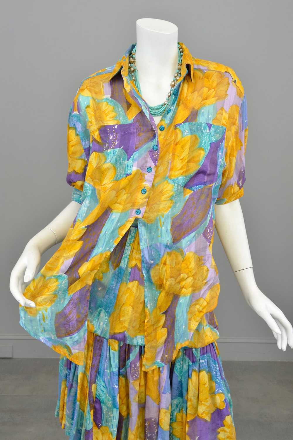 1970s 80s Gold Purple Aqua Watercolor Desert Flor… - image 11