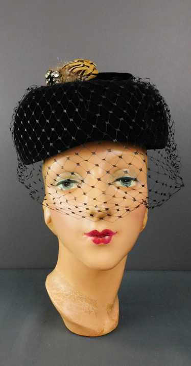 Vintage 1950s Black Velour Hat with Pheasant Feath
