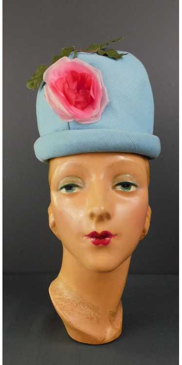 Vintage Blue Fabric with Pink Rose Hat, 1960s, Emm
